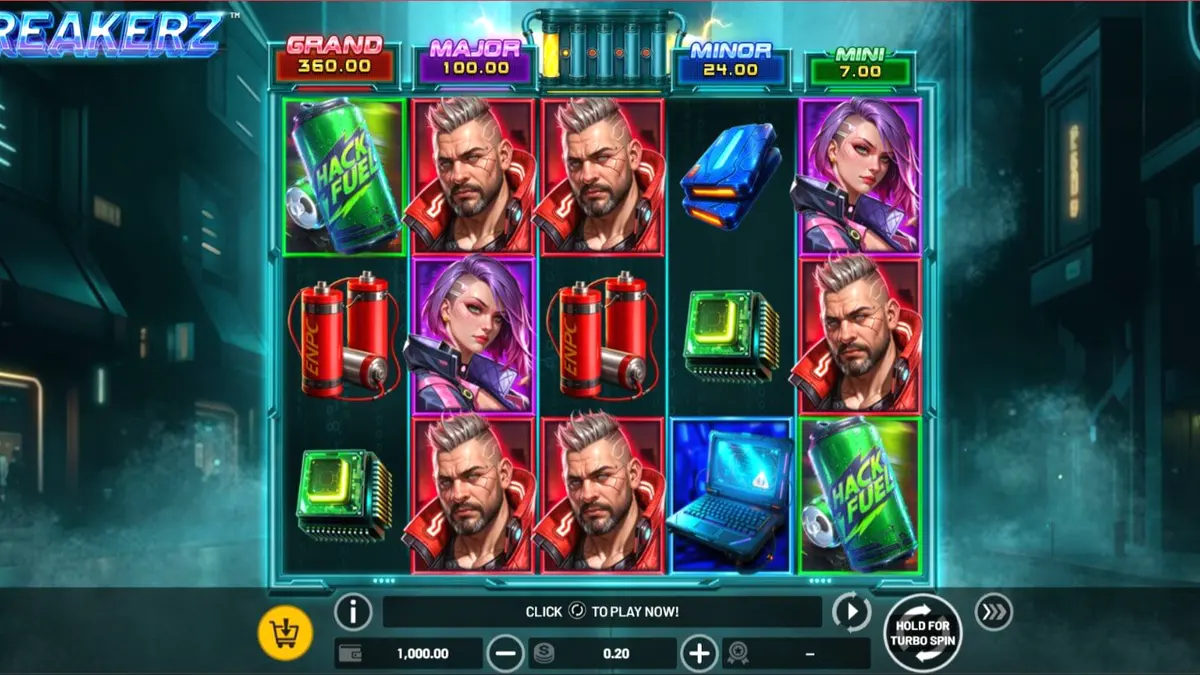 Interface futurista do jogo de slot Breakerz com elementos neon e estilo cyberpunk